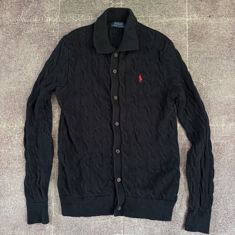 Men's Polo Ralph Lauren Cable Knit Navy Blue Button Up Cardigan Sweater Sz XS